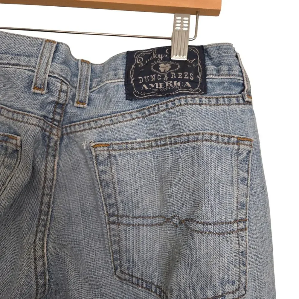 Lucky Brand Dungarees Sz 34 Short Classic Fit Distressed Light Blue Denim Jeans